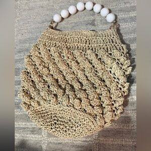 BTB Los Angeles Bag with White Beaded Handle Chic Tan Woven NWOT
